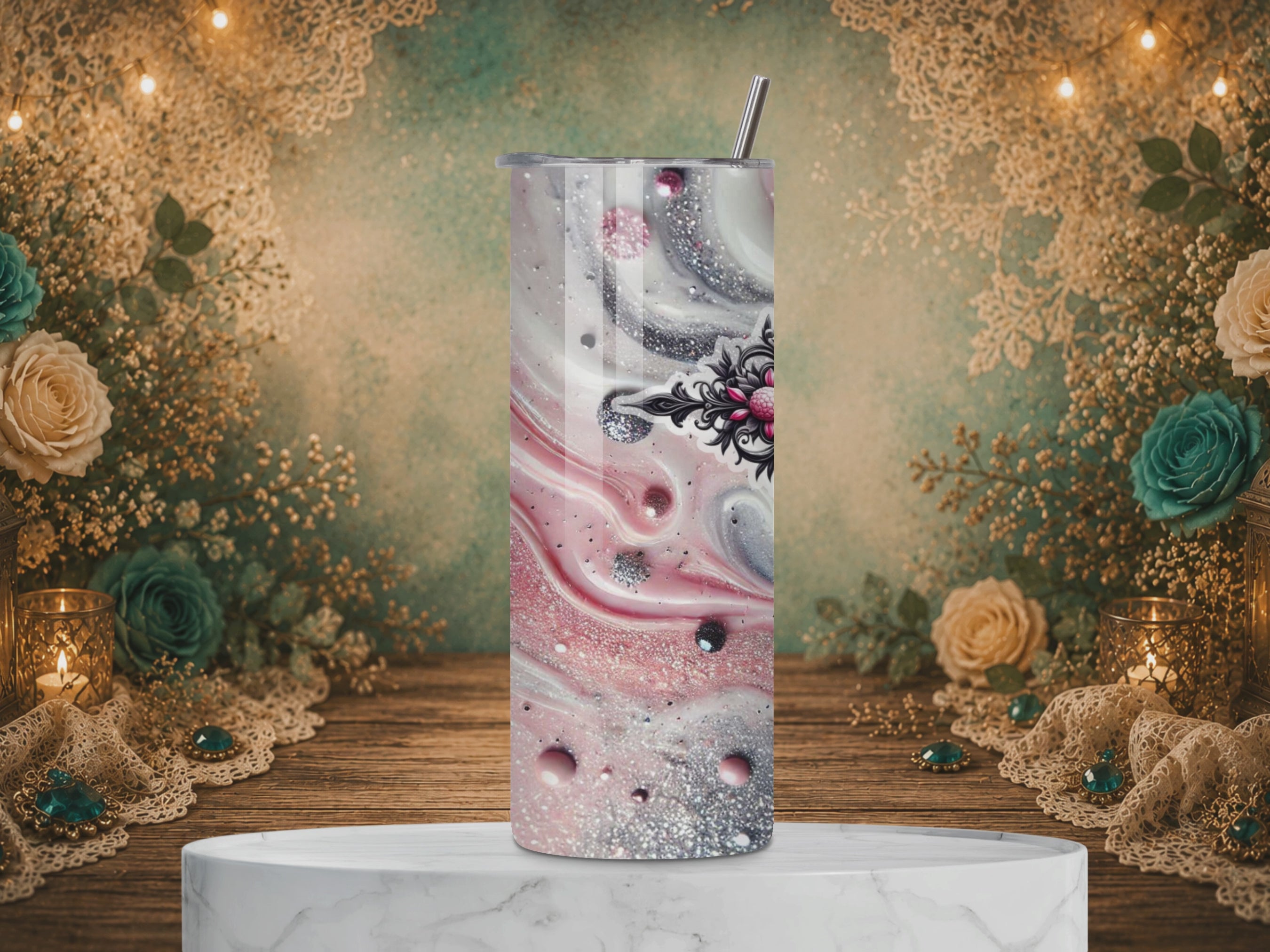 video of Faith in Bloom 20 oz tumbler design featuring an ornate black cross decorated with pink roses over a sparkling pink, silver, white, and black marble background.