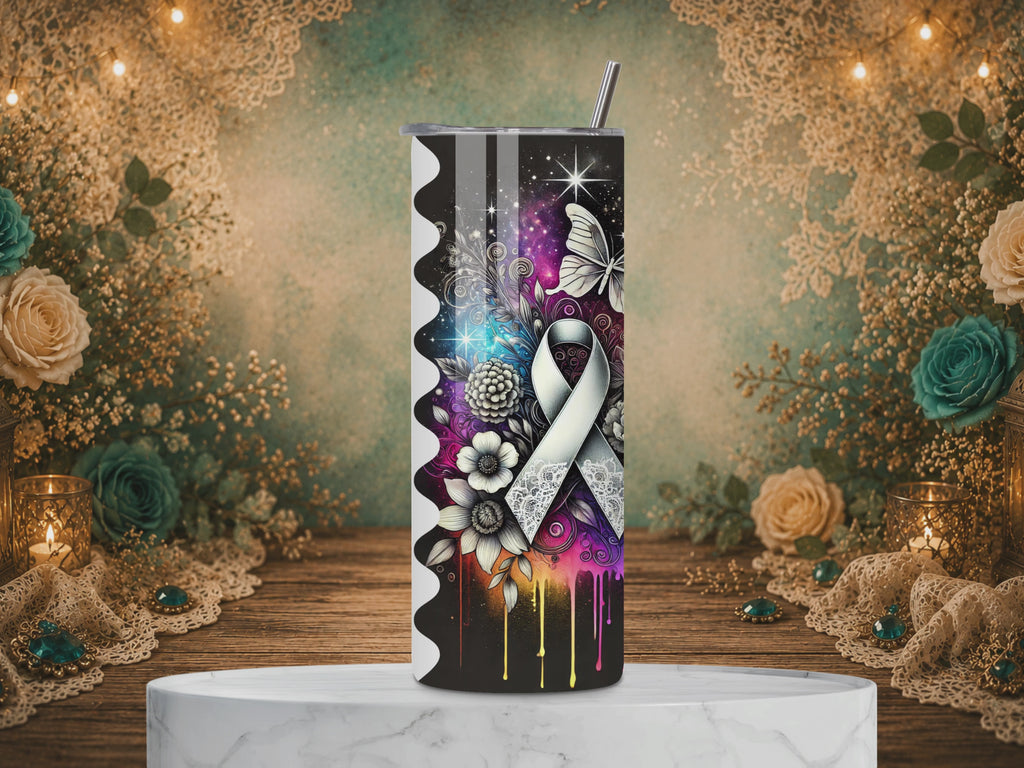 video of Journey of Hope Lung Cancer Awareness tumbler featuring a white ribbon, butterfly, colorful floral artwork, inspirational poem