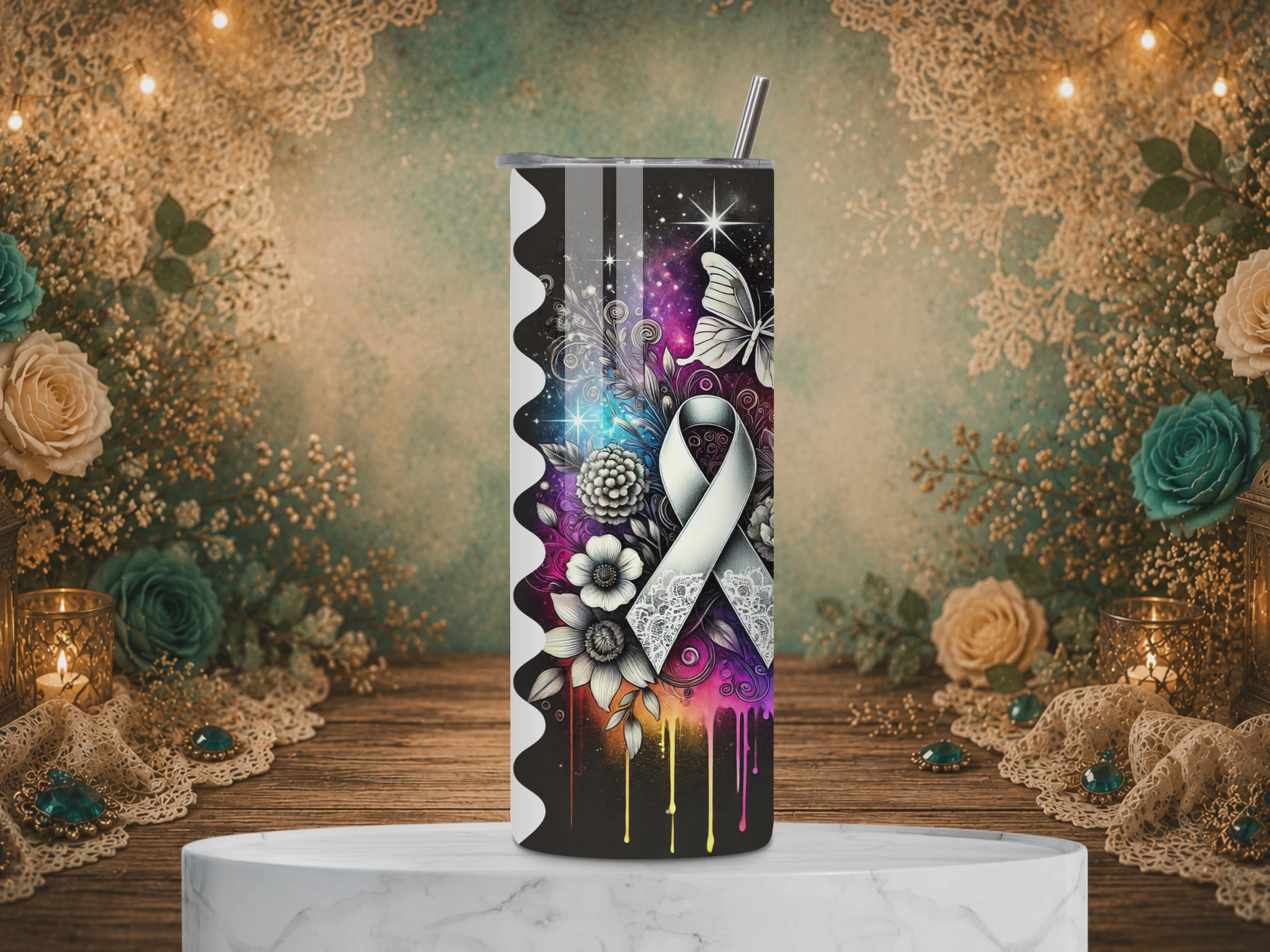 video of Journey of Hope Lung Cancer Awareness tumbler featuring a white ribbon, butterfly, colorful floral artwork, inspirational poem