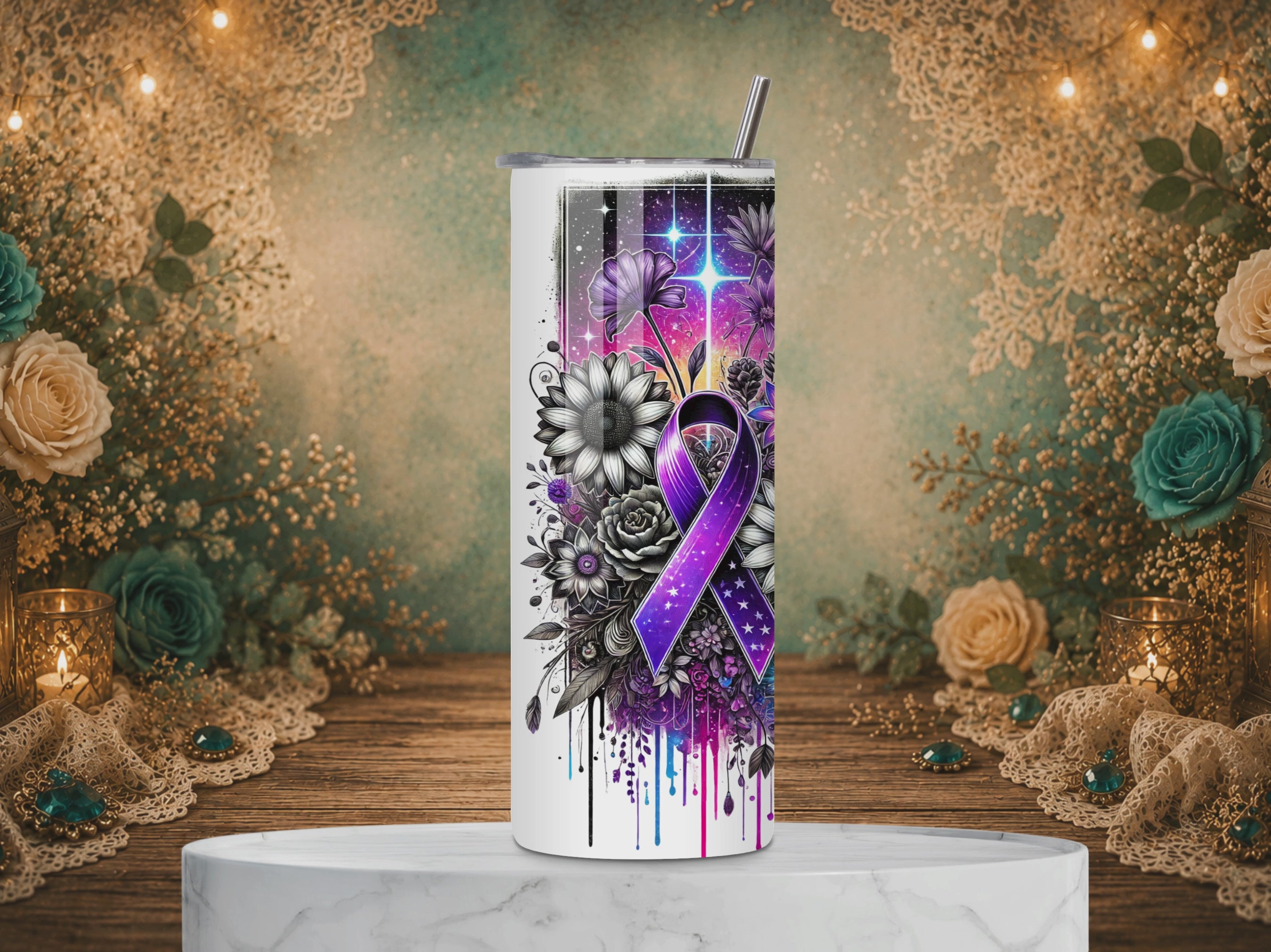 video of Silent Strength Fibromyalgia Awareness tumbler featuring a purple ribbon, celestial flowers, an inspirational message