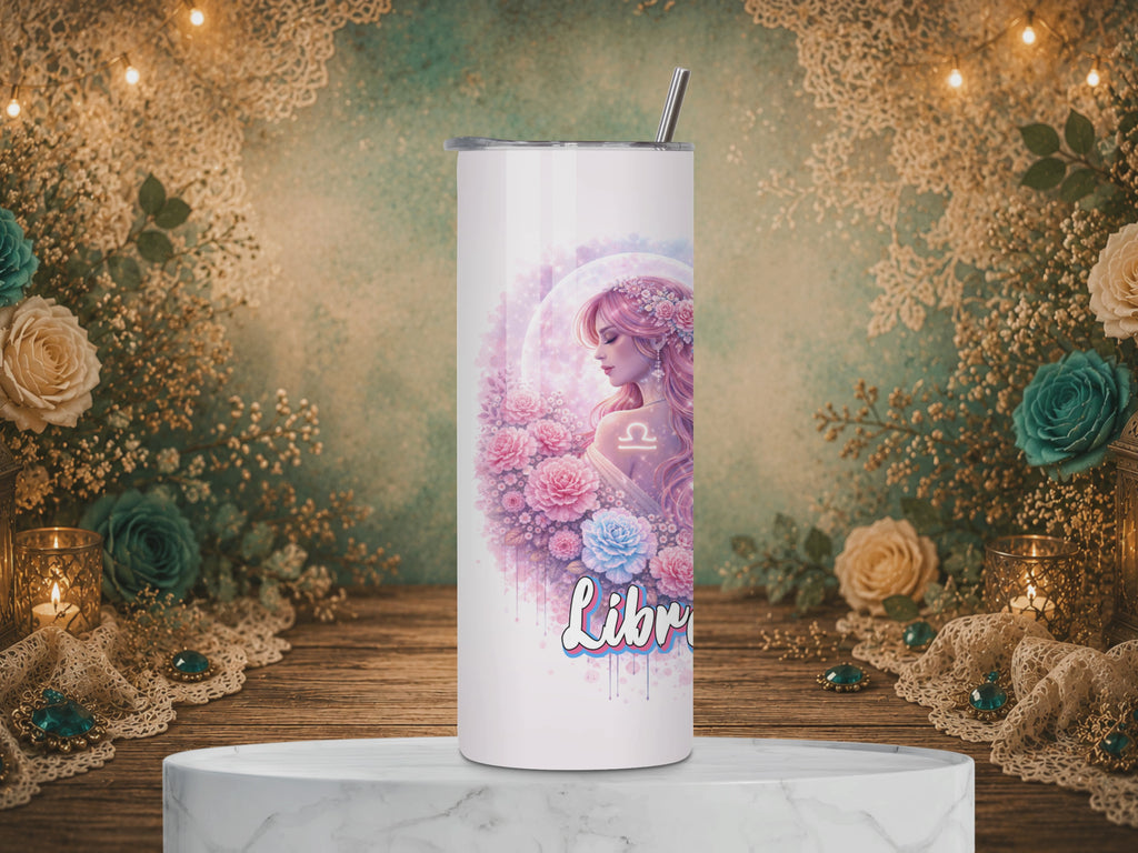 video of a Libra Goddess 20 oz tumbler featuring a celestial pink-haired goddess, pastel flowers, crescent moon, Libra symbol, and zodiac affirmation.