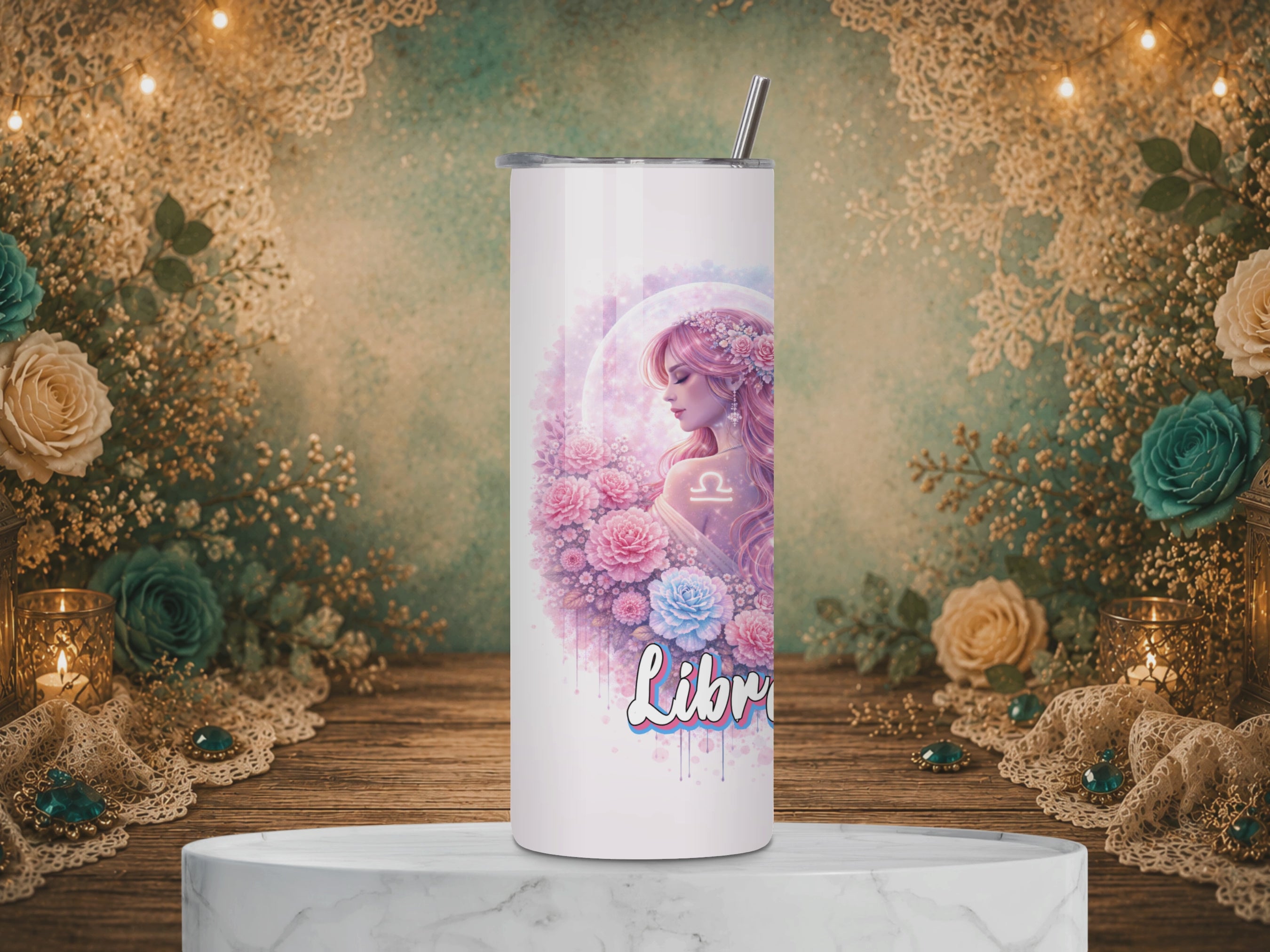 video of a Libra Goddess 20 oz tumbler featuring a celestial pink-haired goddess, pastel flowers, crescent moon, Libra symbol, and zodiac affirmation.