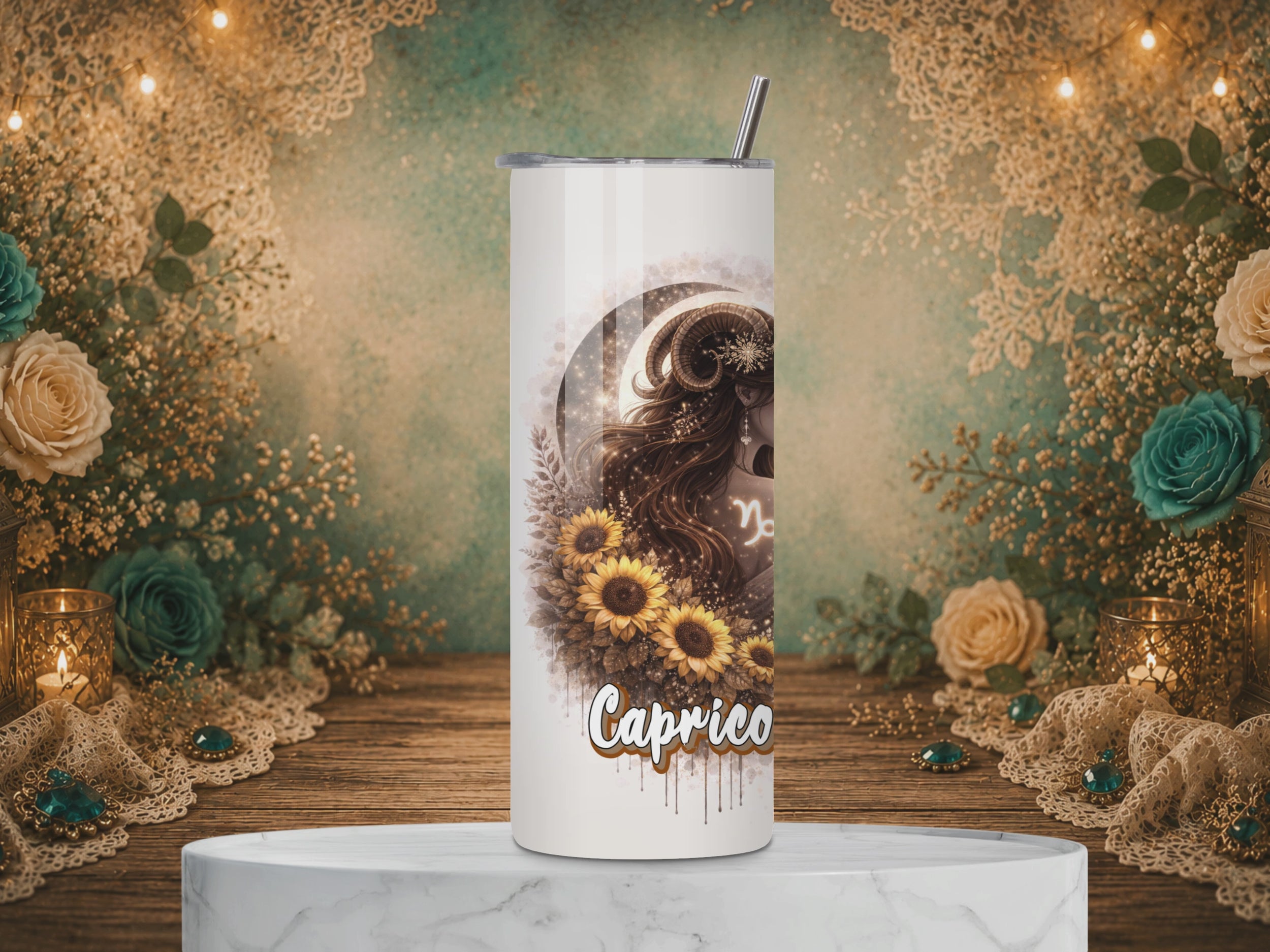 video of a Capricorn Goddess 20 oz tumbler featuring a celestial horned goddess, golden sunflowers, Capricorn symbol, and zodiac affirmation.