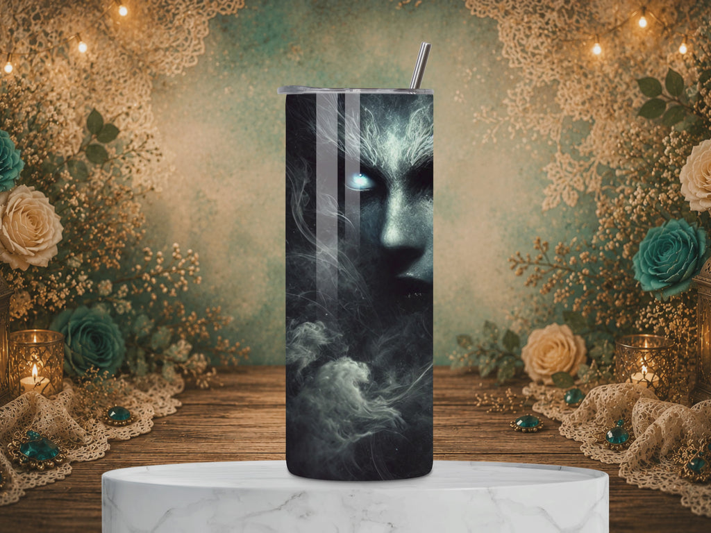 video of the Shadow Veil 20 oz stainless steel tumbler featuring an eerie shadowed face with glowing blue eyes, ghostly mist, and a dark hooded figure.
