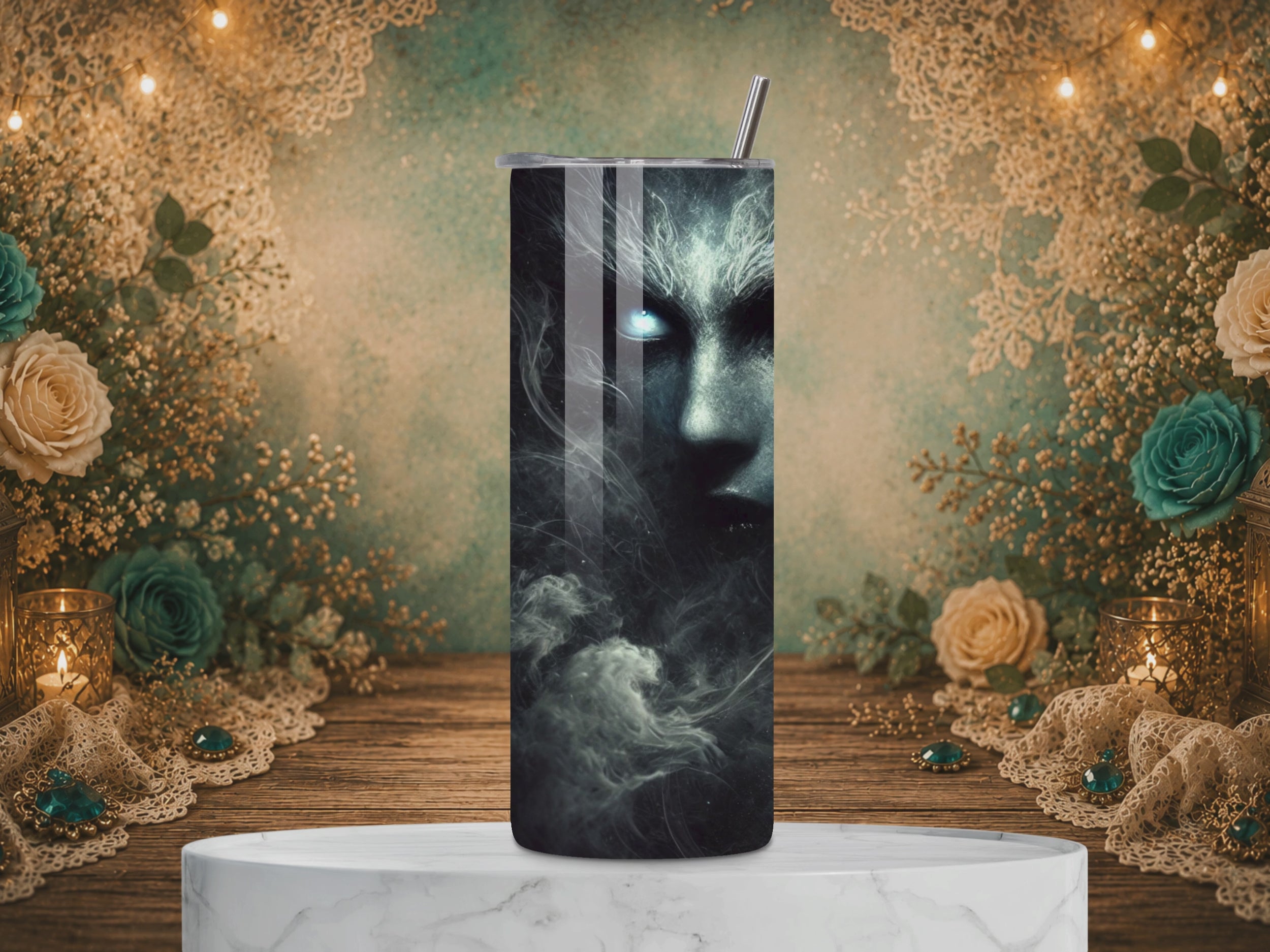 video of the Shadow Veil 20 oz stainless steel tumbler featuring an eerie shadowed face with glowing blue eyes, ghostly mist, and a dark hooded figure.
