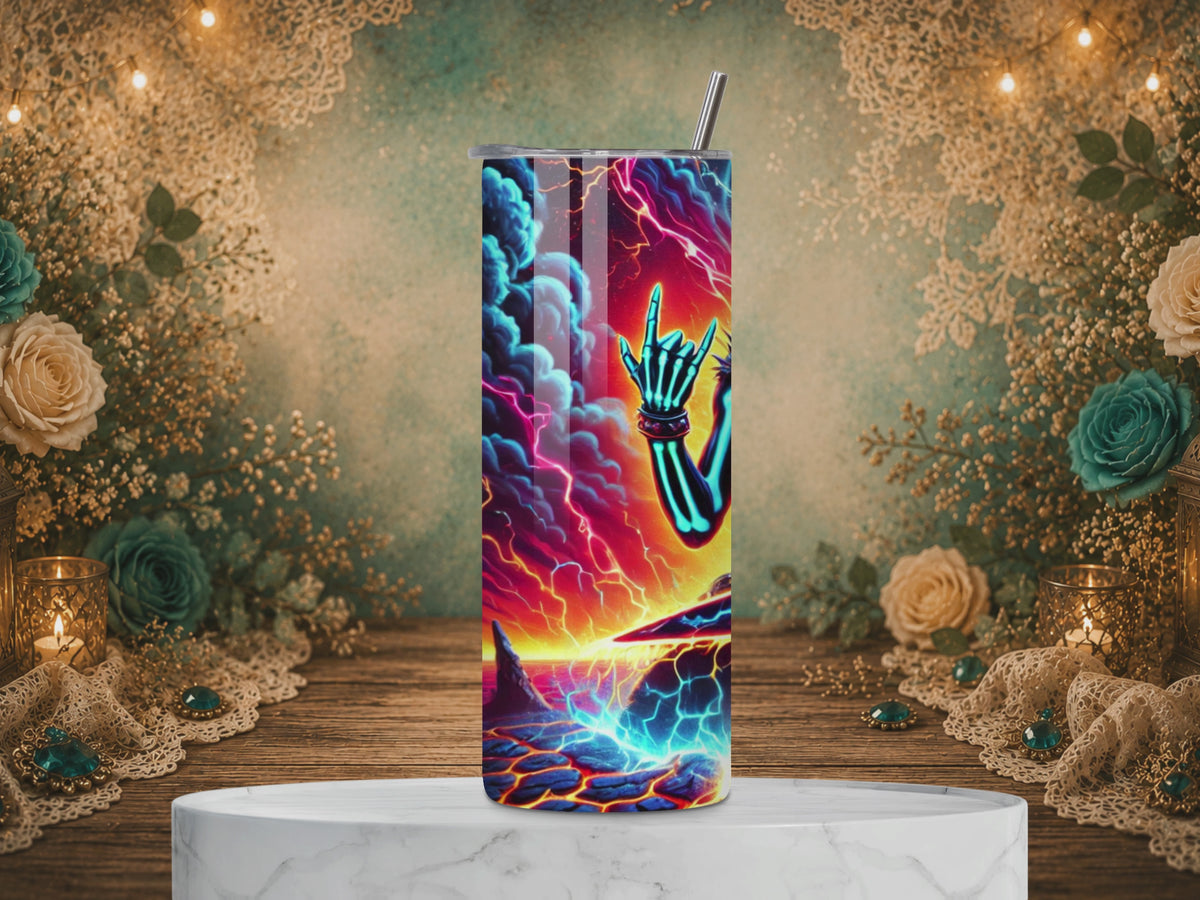 Video showing the Neon Requiem 20 oz tumbler with a neon skeletal guitarist and electric lightning artwork