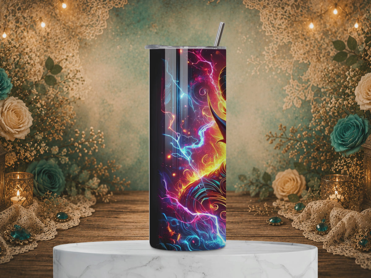Video showing the Hellfire King 20 oz tumbler with a horned demon ruler, glowing eyes, flames and electric lightning