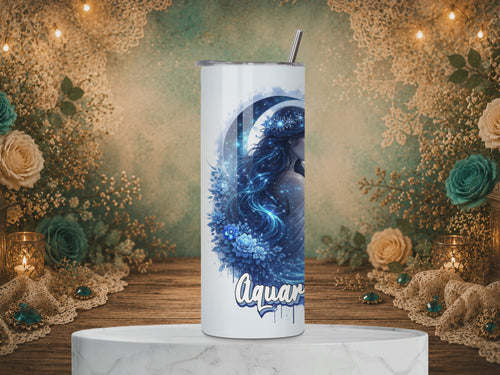 Rotating view of an Aquarius Goddess Zodiac 20 oz tumbler featuring blue celestial artwork, flowers, and an Aquarius affirmation.