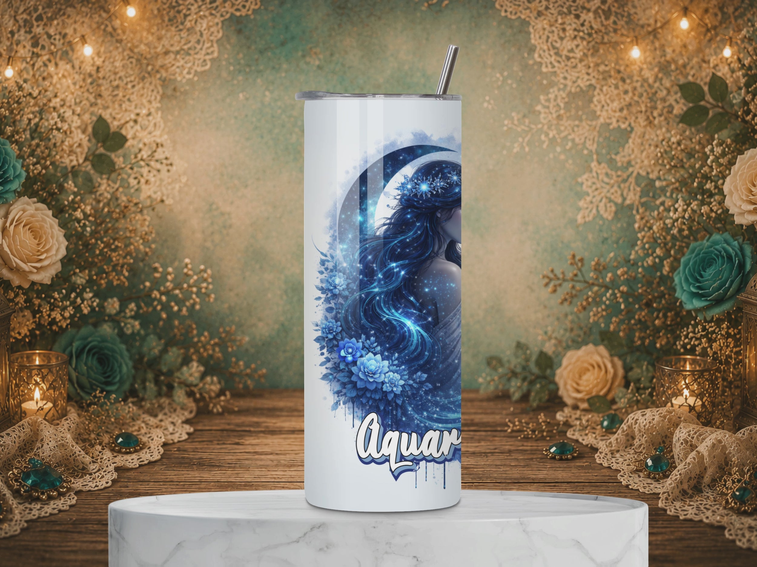 Rotating view of an Aquarius Goddess Zodiac 20 oz tumbler featuring blue celestial artwork, flowers, and an Aquarius affirmation.