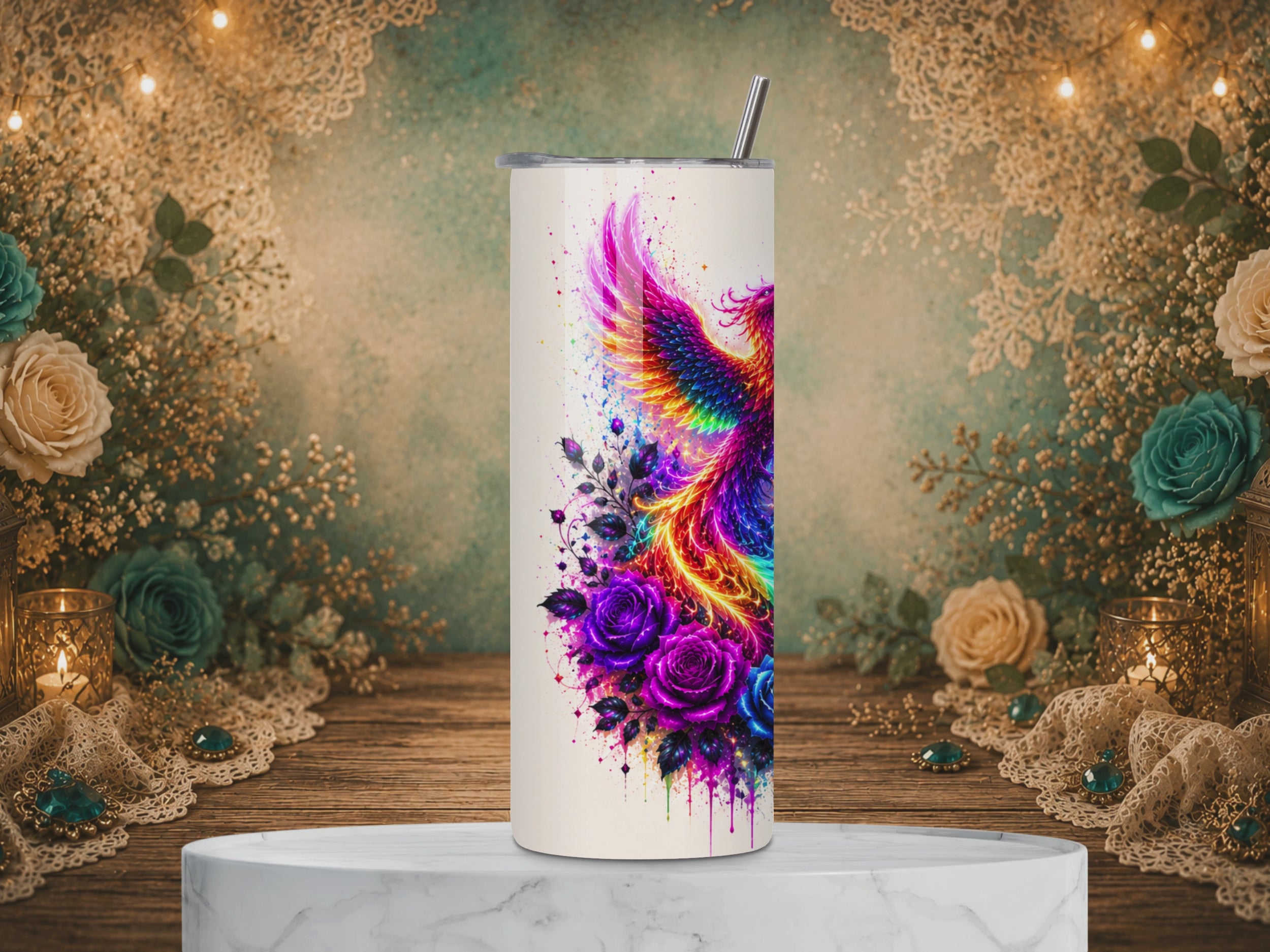 video of Nevertheless She Persisted 20 oz tumbler design featuring a rainbow phoenix, purple roses, colorful accents, and an inspirational quote.