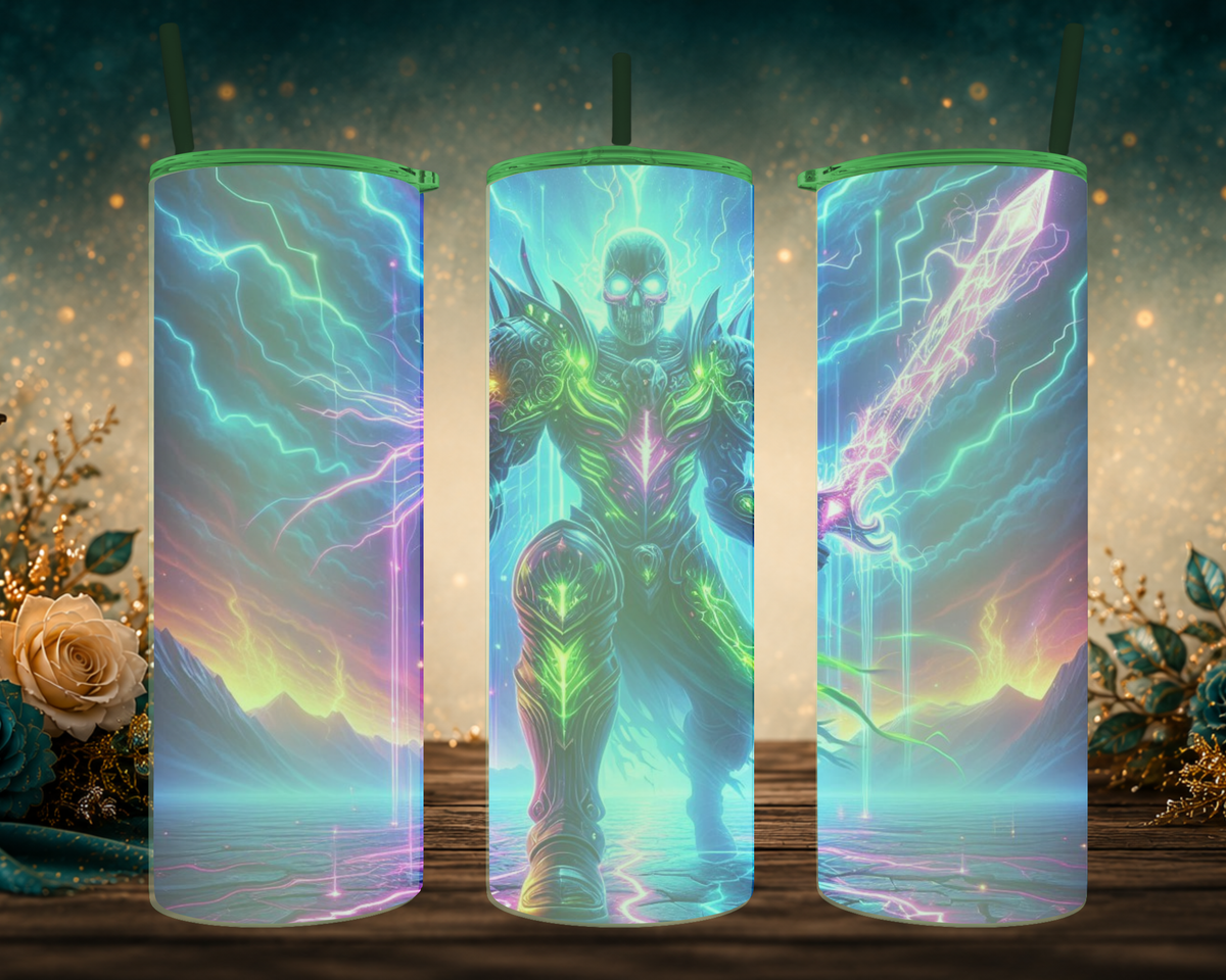 Three views of the Revenant’s Edge 20 oz tumbler demonstrating its green or blue glow-in-the-dark effect