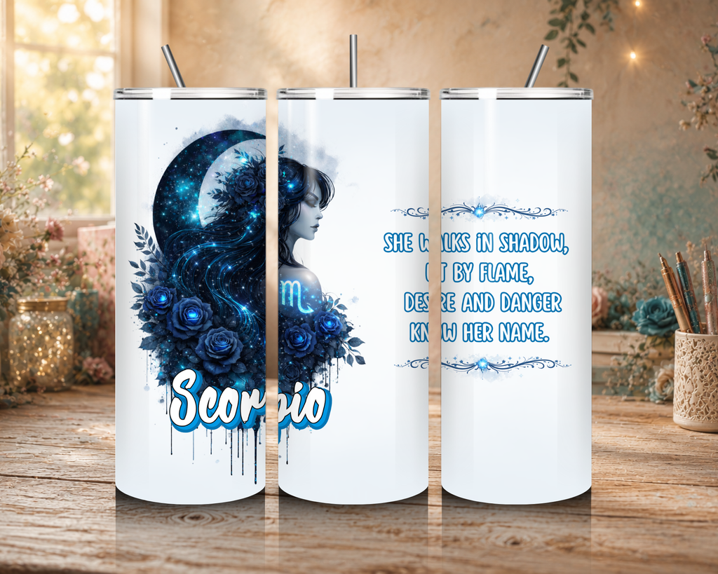 Scorpio Goddess 20 oz tumbler featuring a celestial blue goddess, crescent moon, blue roses, Scorpio symbol, and zodiac affirmation.