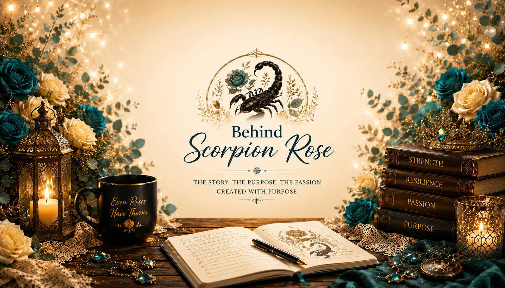 Behind Scorpion Rose hero featuring roses, a scorpion emblem, journal, and symbols of the creator’s strength, resilience, passion, and purpose.
