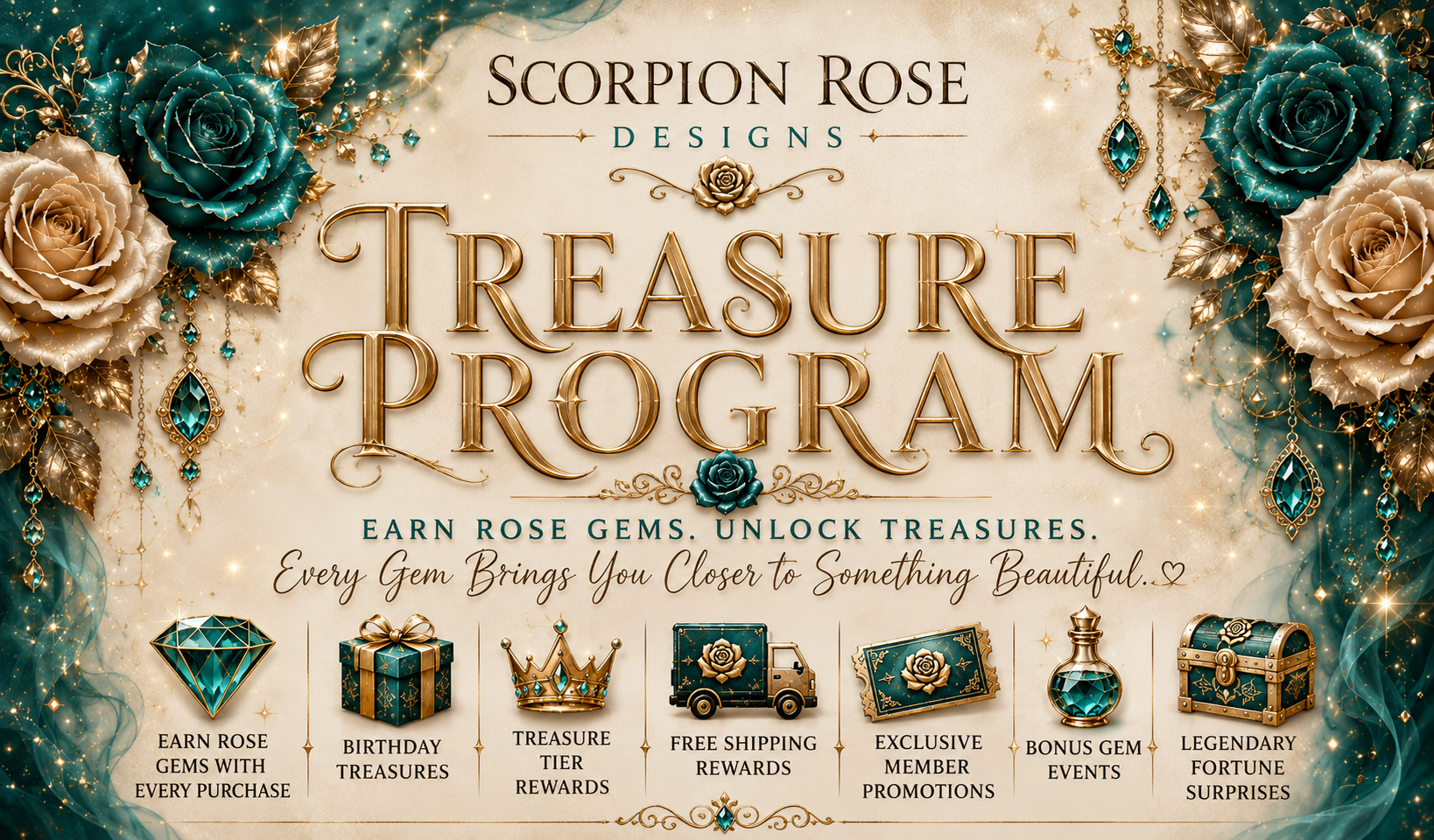 Scorpion Rose Treasure Program loyalty banner with teal and cream roses, Rose Gems, pearls, gold accents, and an ornate treasure chest.