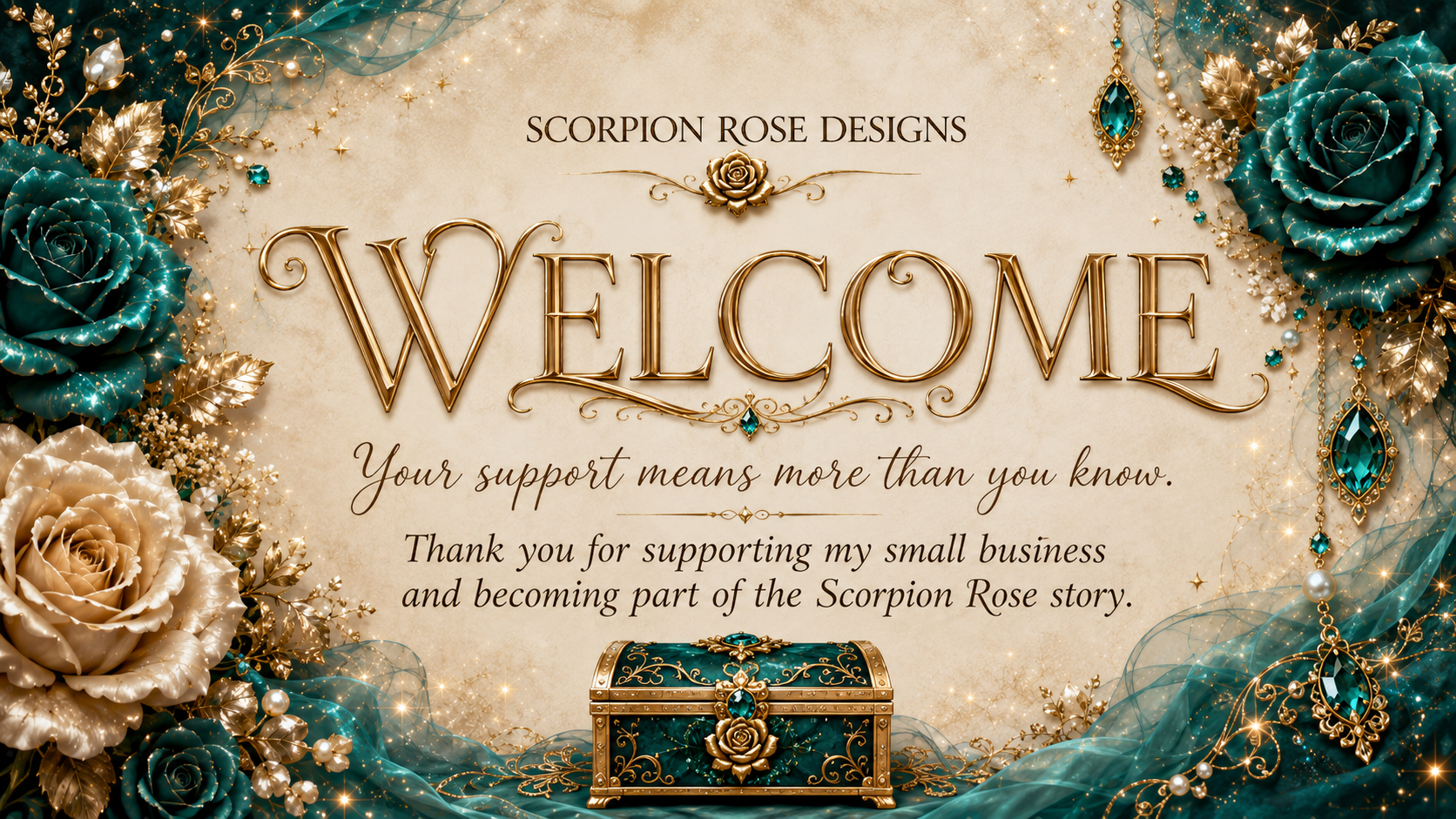 Scorpion Rose Treasure Program welcome banner with teal and cream roses, sparkling gemstones, gold accents, and a thank-you message for supporting Scorpion Rose Designs.