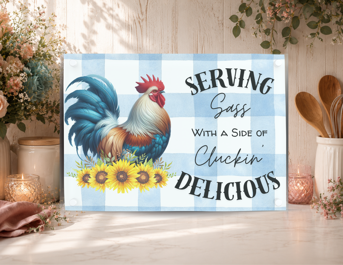 Serving Sass rooster glass cutting board featuring blue plaid, colorful rooster artwork, sunflowers, and a cluckin delicious quote