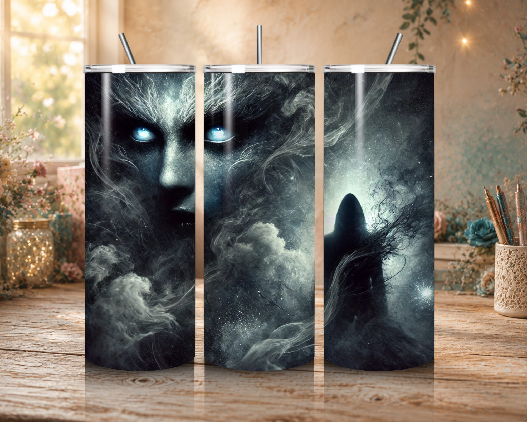 Three views of the Shadow Veil 20 oz stainless steel tumbler featuring an eerie shadowed face with glowing blue eyes, ghostly mist, and a dark hooded figure.
