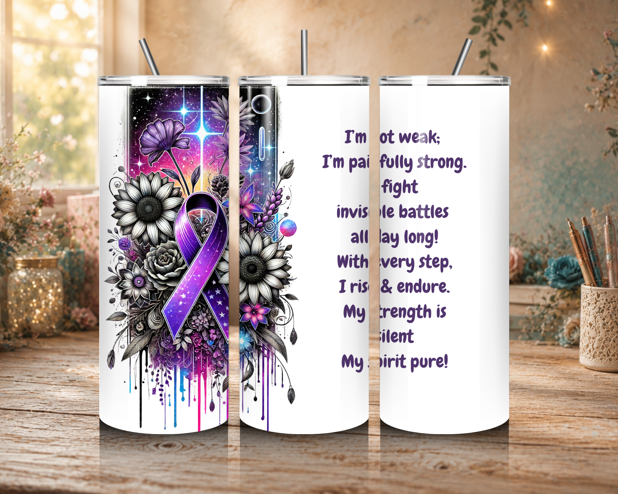 Silent Strength Fibromyalgia Awareness tumbler featuring a purple ribbon, celestial flowers, an inspirational message
