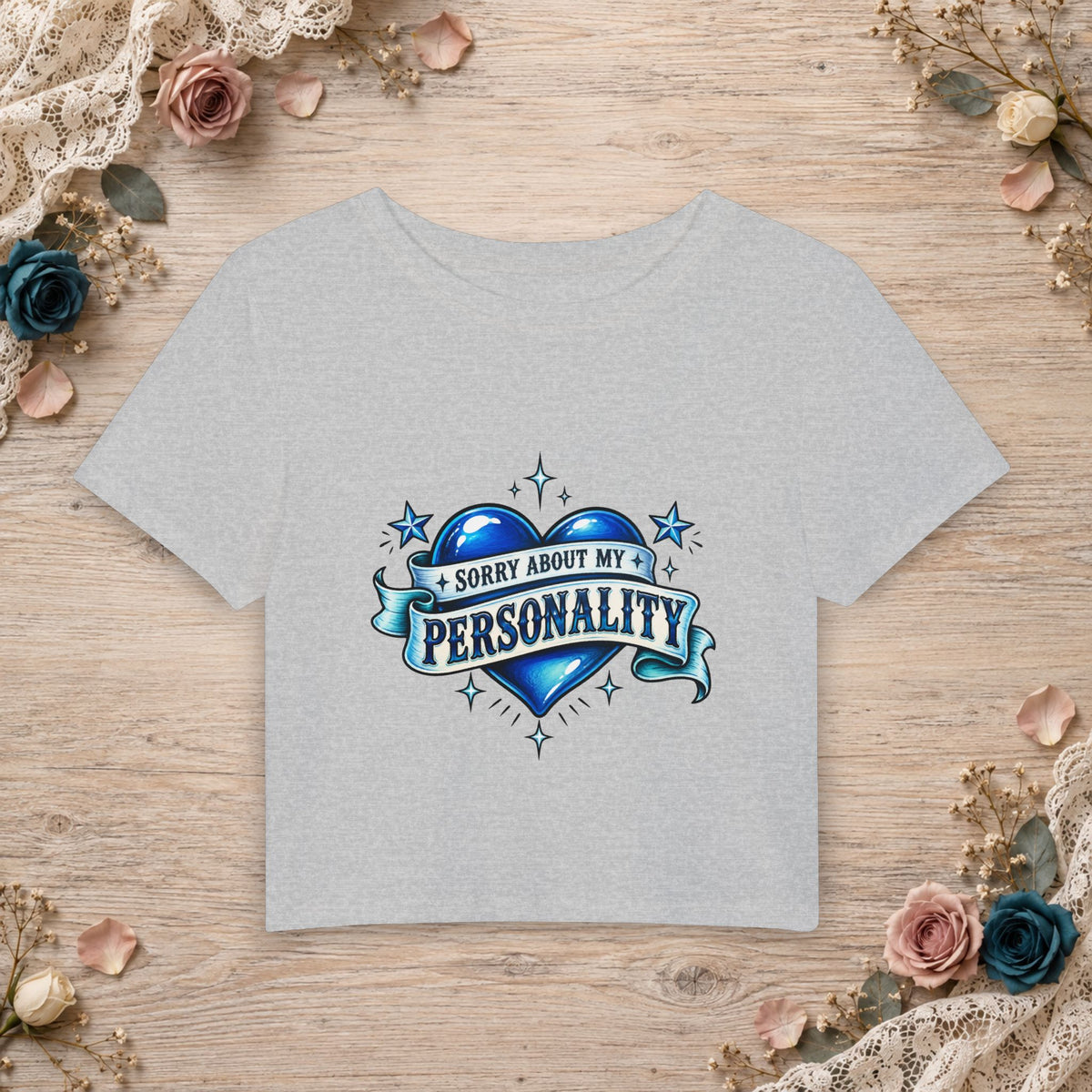 Athletic Heather women’s micro baby tee with blue Sorry About My Personality heart artwork