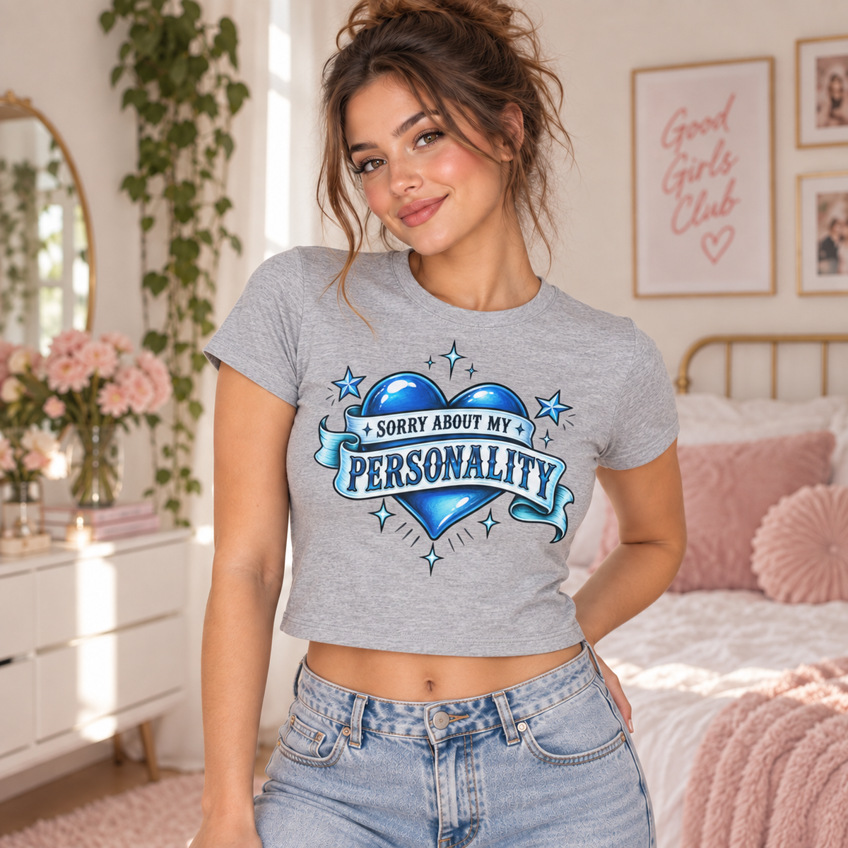 Woman wearing an Athletic Heather Sorry About My Personality cropped micro baby tee