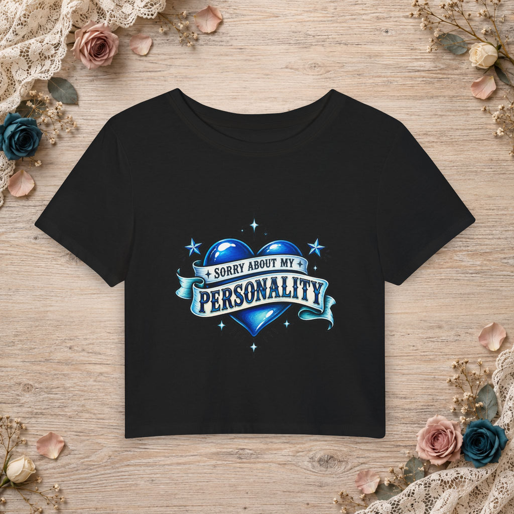 Black Caviar women’s micro baby tee with blue Sorry About My Personality heart artwork