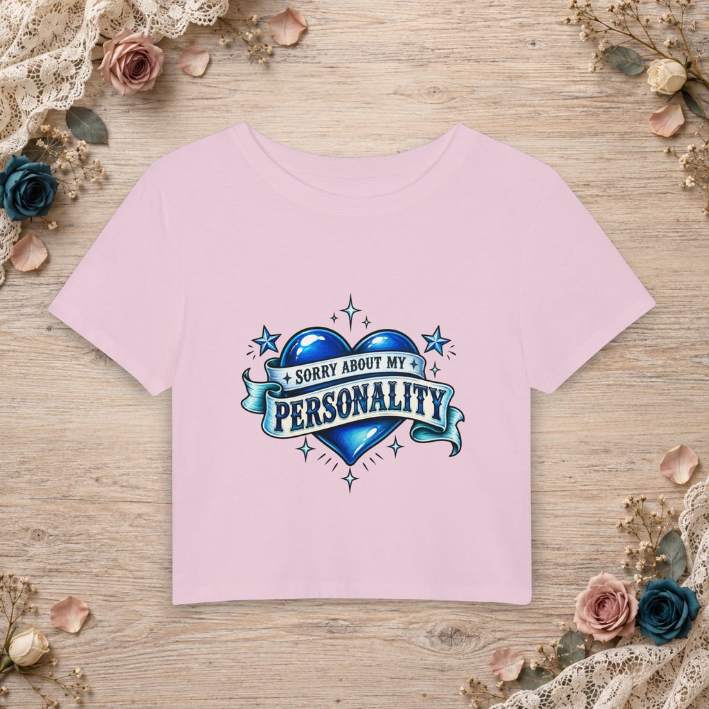 Cherry Blossom women’s micro baby tee with blue Sorry About My Personality heart artwork