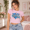 Woman wearing a Cherry Blossom Sorry About My Personality cropped micro baby tee