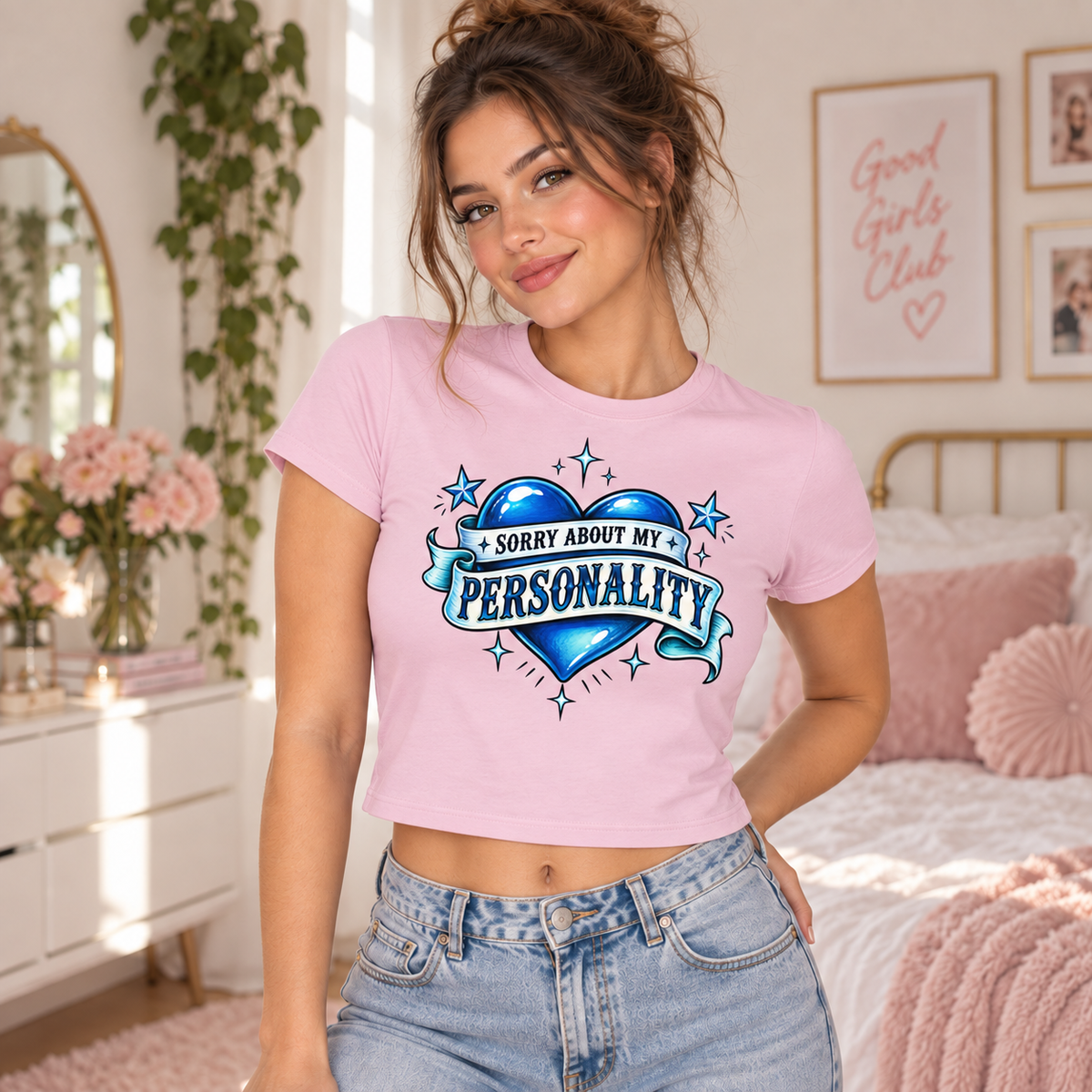 Woman wearing a Cherry Blossom Sorry About My Personality cropped micro baby tee
