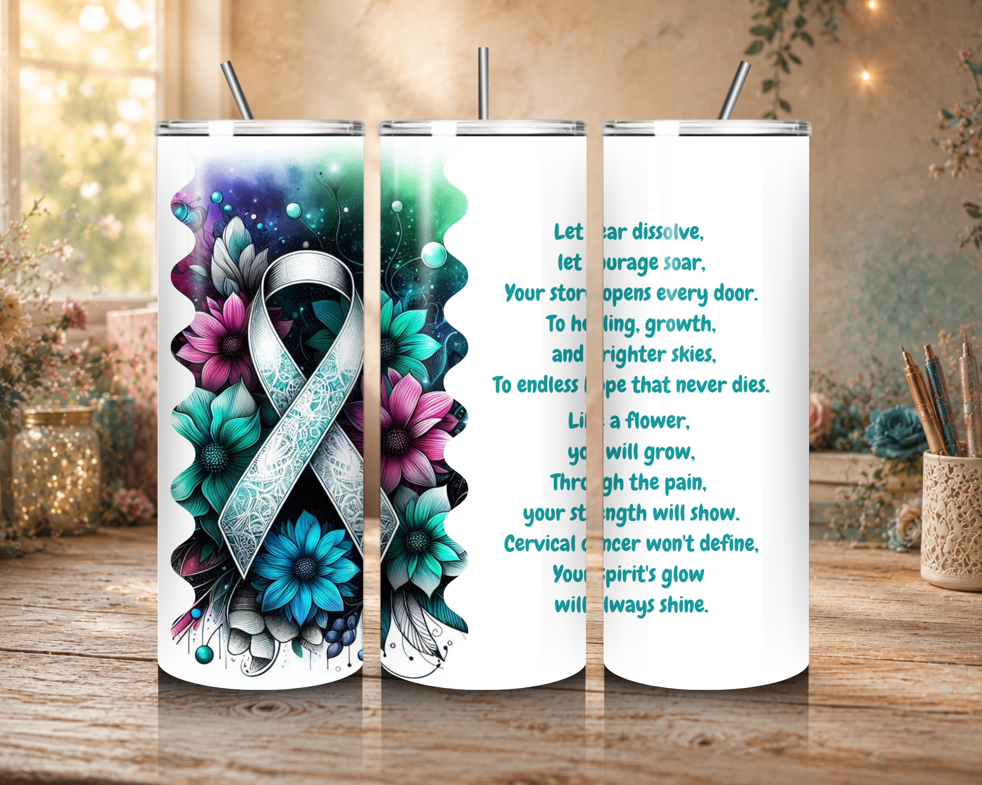 Personalized Strength in Bloom Cervical Cancer Awareness tumbler featuring a teal and white ribbon, floral artwork, an inspirational poem