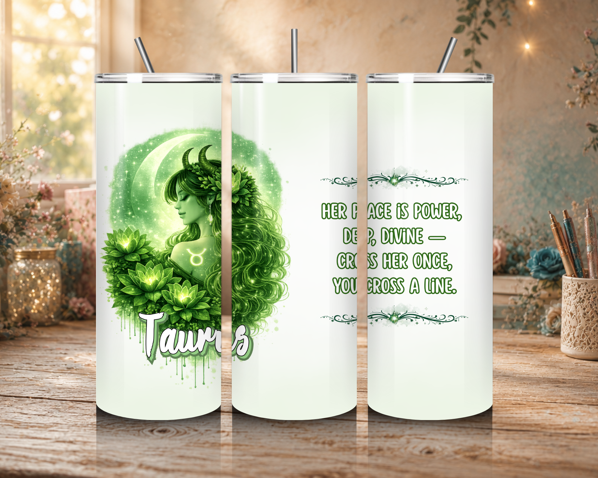 Taurus Goddess 20 oz tumbler featuring a green horned goddess, crescent moon, succulents, Taurus symbol, and zodiac affirmation.