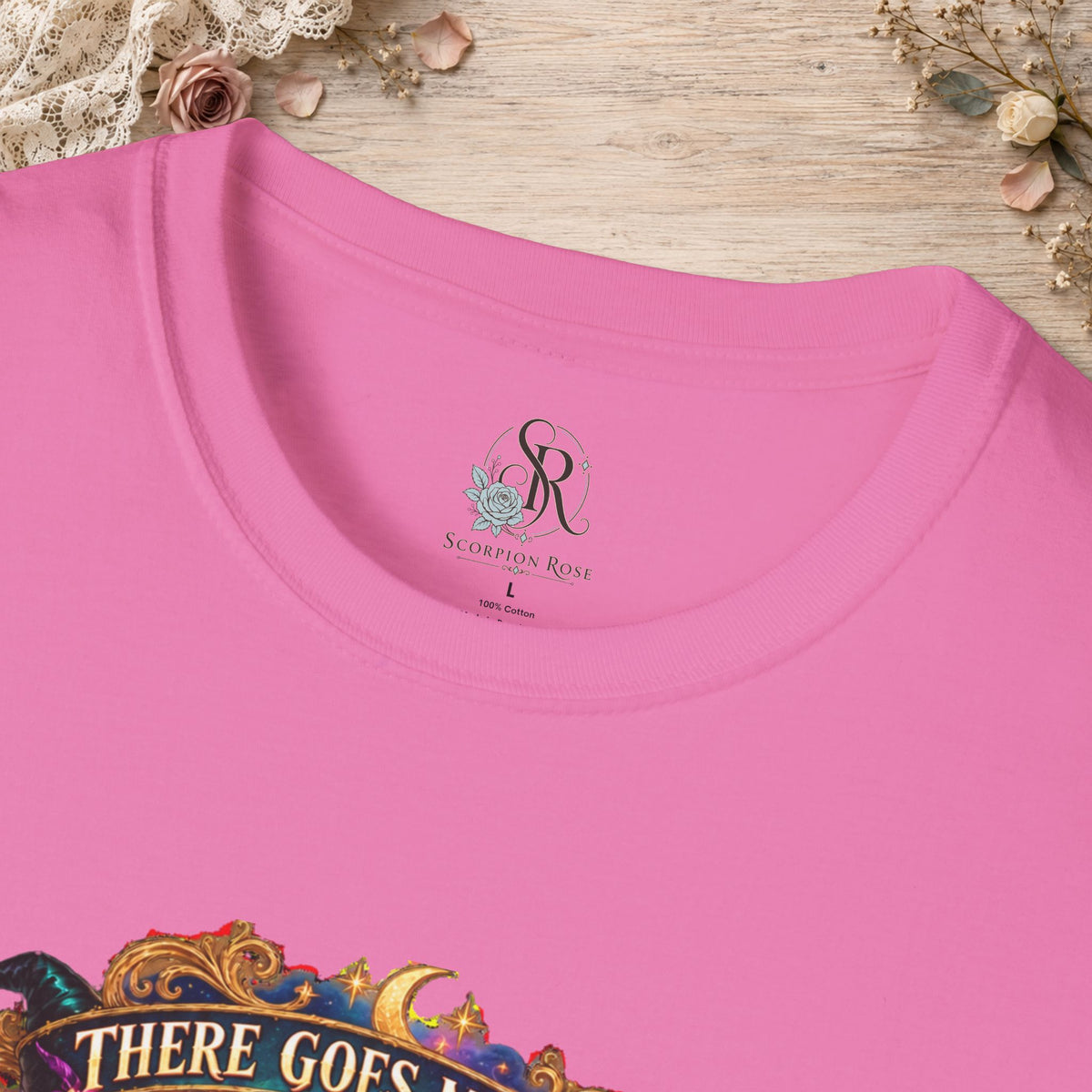 Collar and print detail of the Azalea There Goes My Last Flying Fuck witch T-shirt