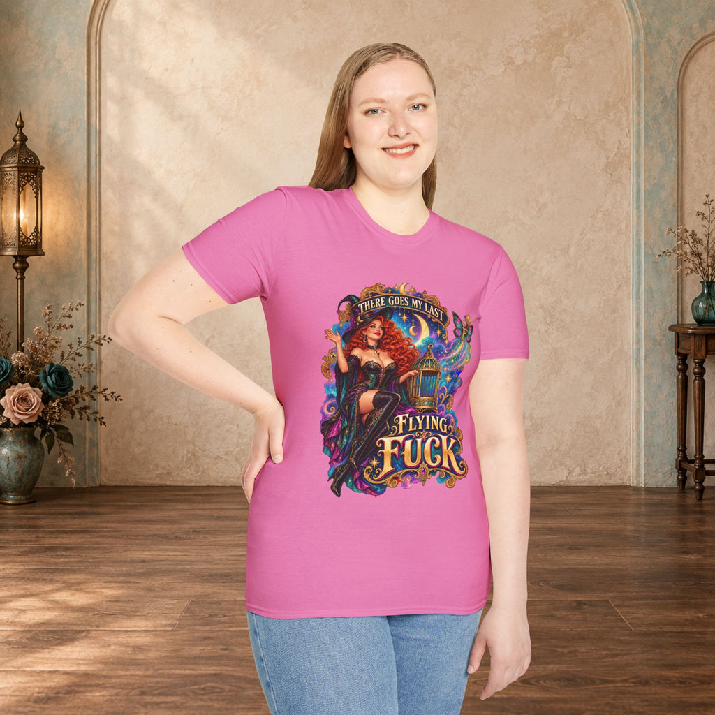 Woman wearing an Azalea There Goes My Last Flying Fuck witch graphic T-shirt