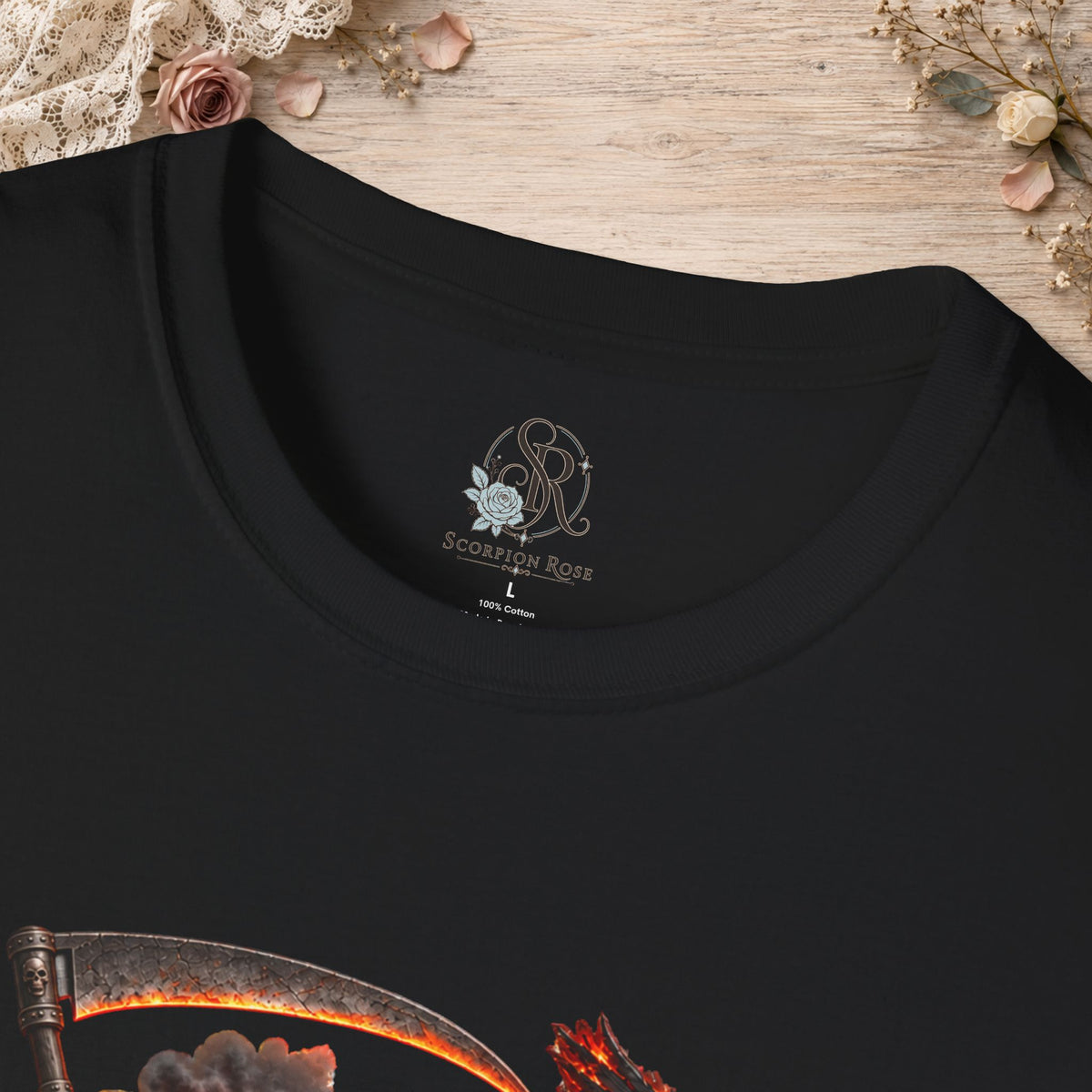 Collar and print detail of the Black There Goes My Last Flying Fuck Grim Reaper T-shirt