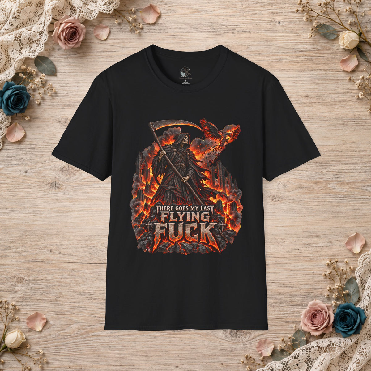 Black T-shirt with fiery There Goes My Last Flying Fuck Grim Reaper artwork