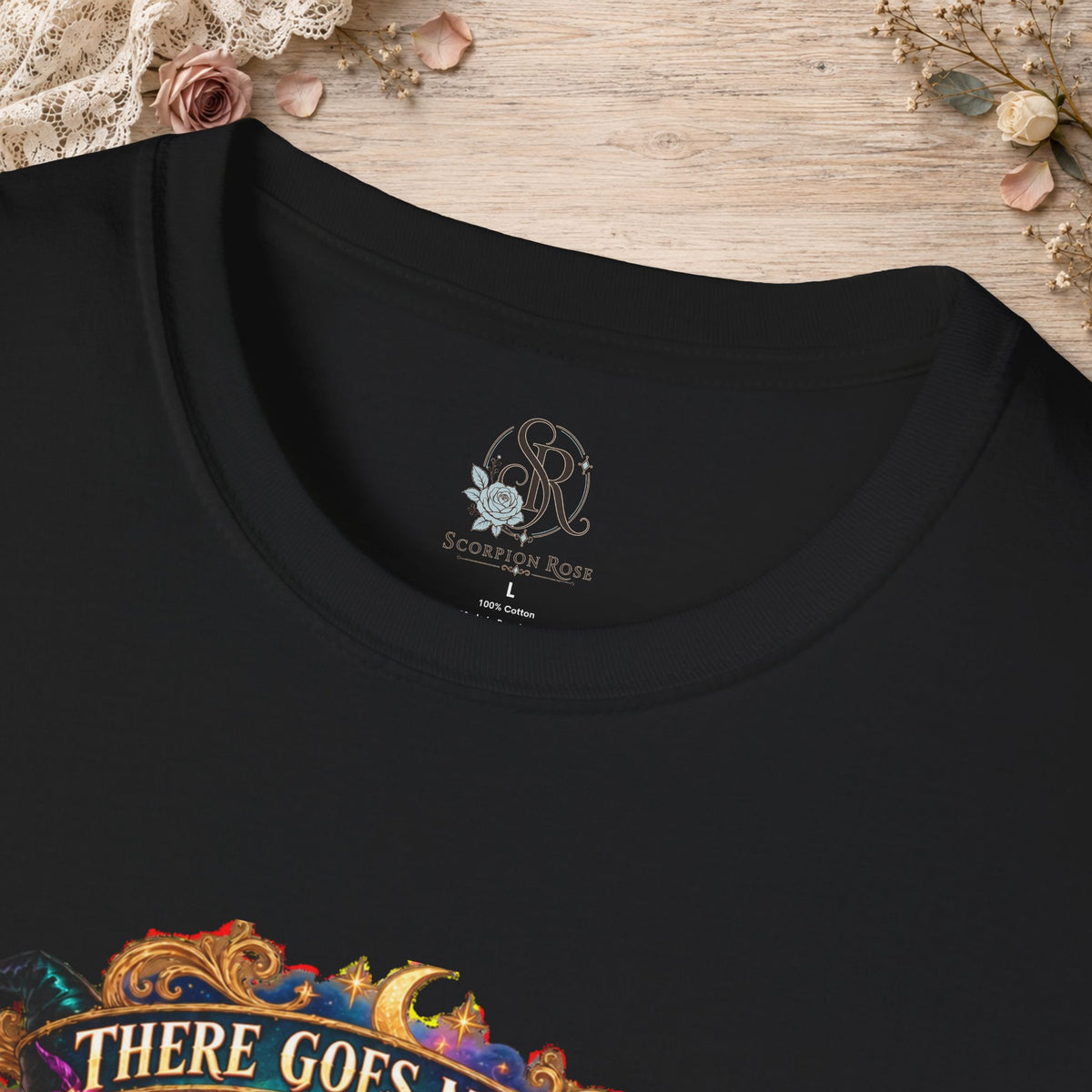 Collar and print detail of the Black There Goes My Last Flying Fuck witch T-shirt