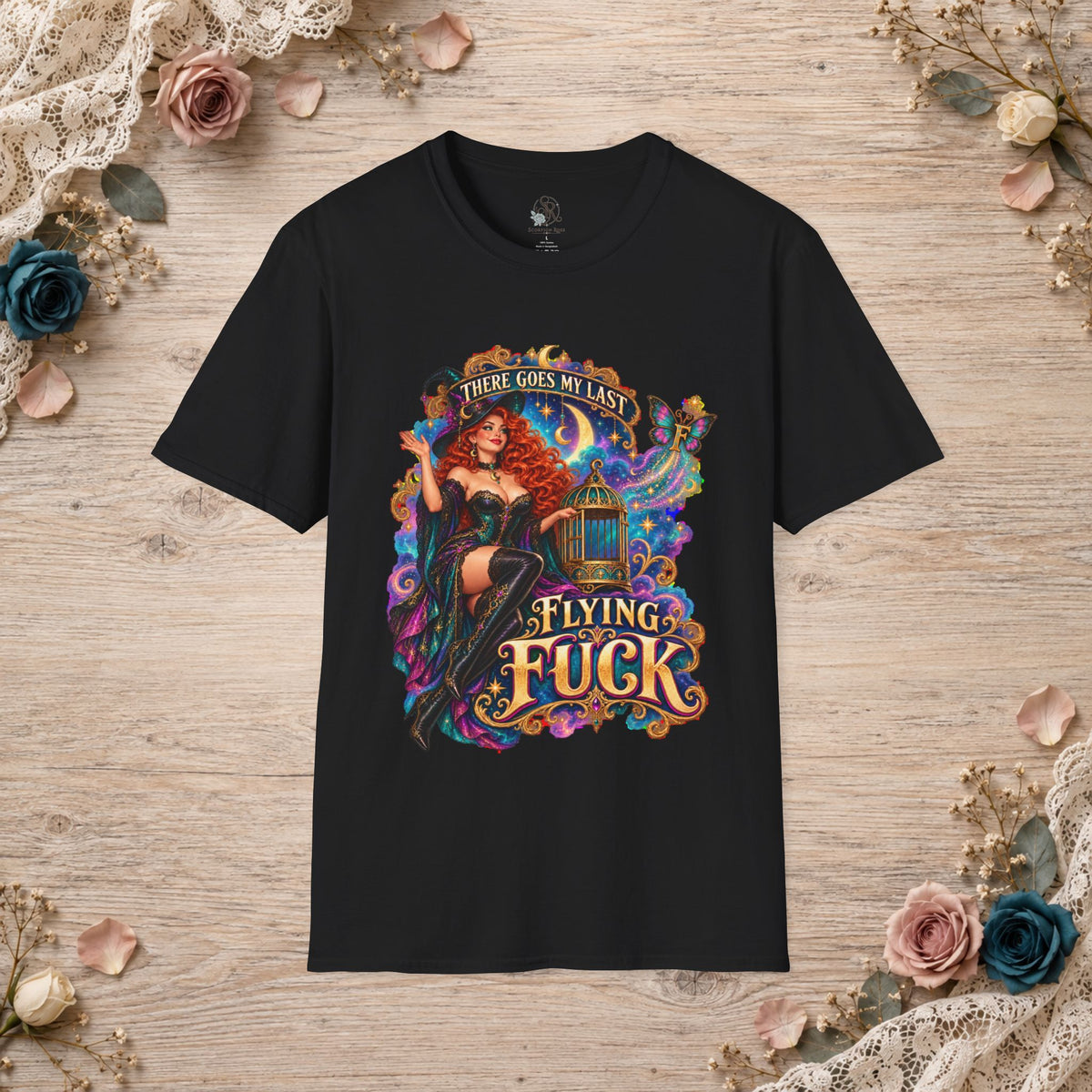 Black T-shirt with There Goes My Last Flying Fuck witch artwork