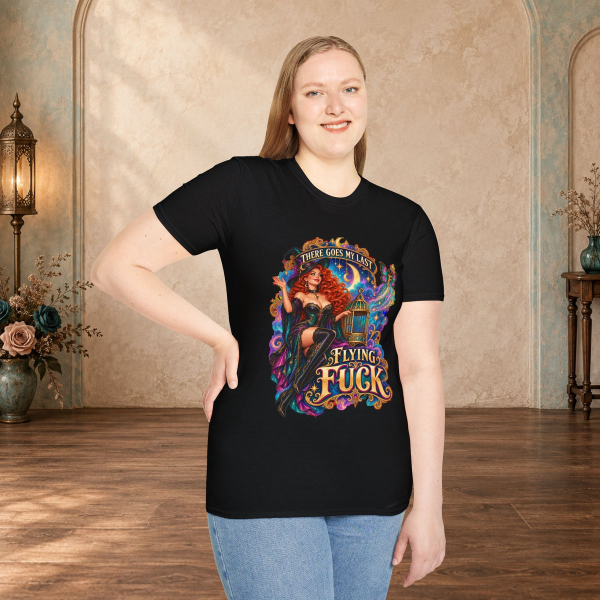 Woman wearing a Black There Goes My Last Flying Fuck witch graphic T-shirt