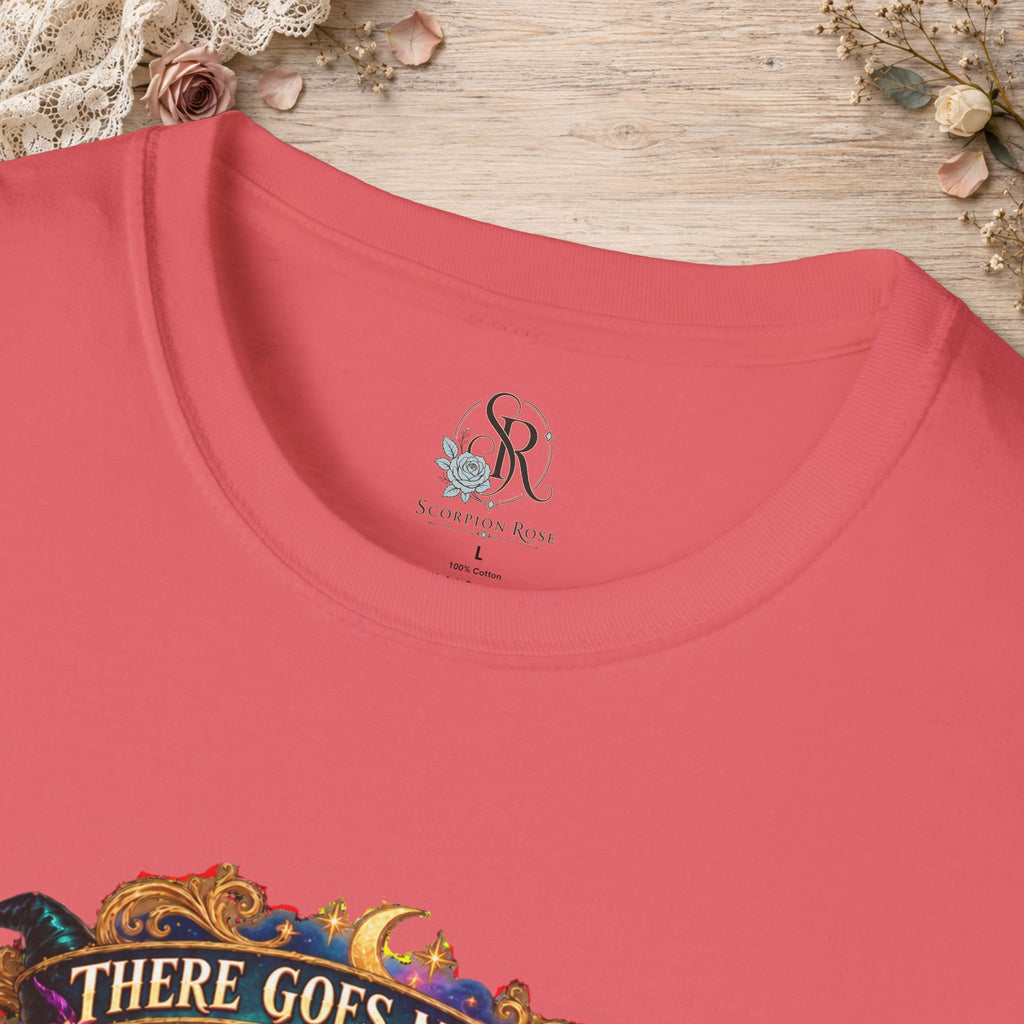 Collar and print detail of the Coral Silk There Goes My Last Flying Fuck witch T-shirt