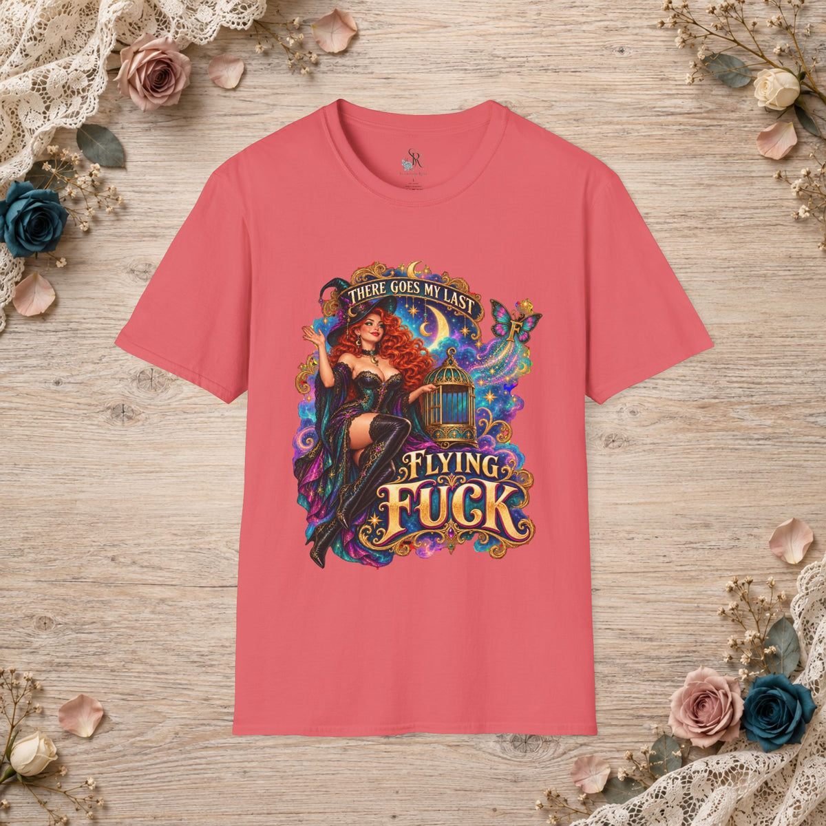 Coral Silk T-shirt with There Goes My Last Flying Fuck witch artwork