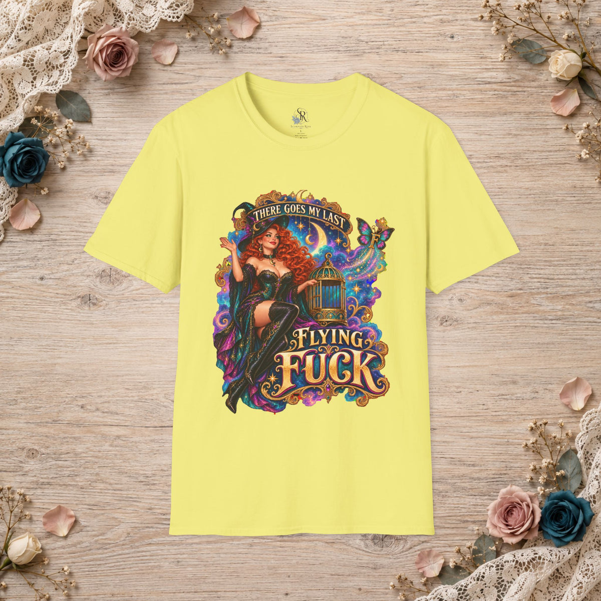 Cornsilk T-shirt with There Goes My Last Flying Fuck witch artwork