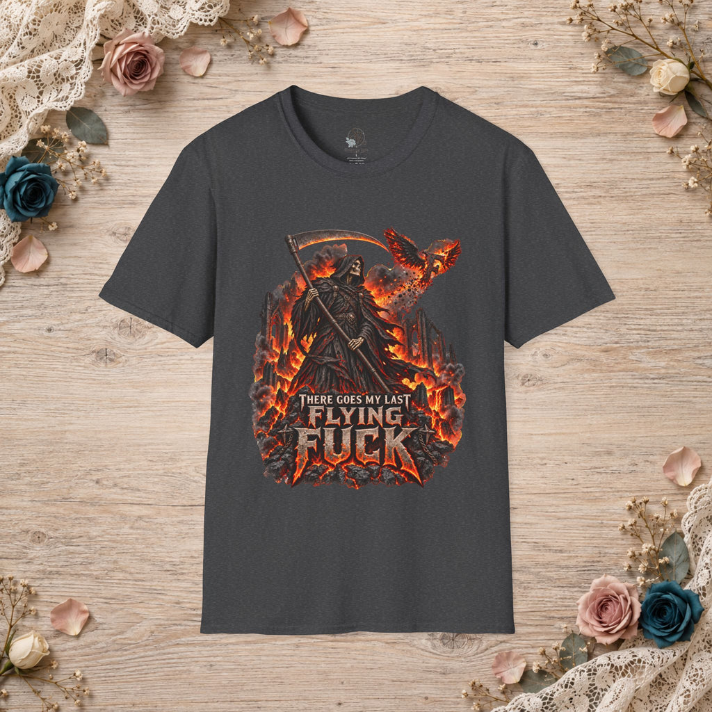 Dark Heather T-shirt with fiery There Goes My Last Flying Fuck Grim Reaper artwork
