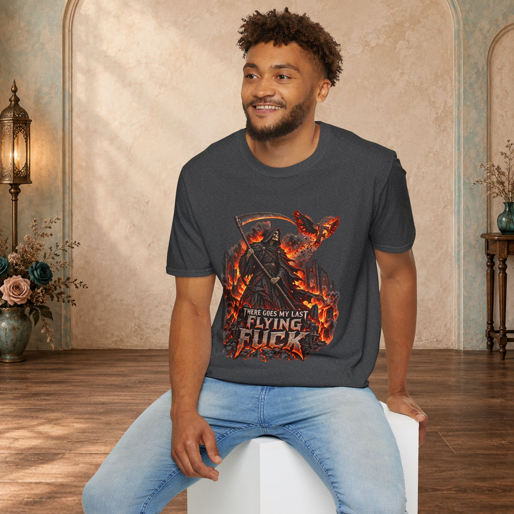 Seated man wearing a Dark Heather There Goes My Last Flying Fuck Grim Reaper graphic T-shirt