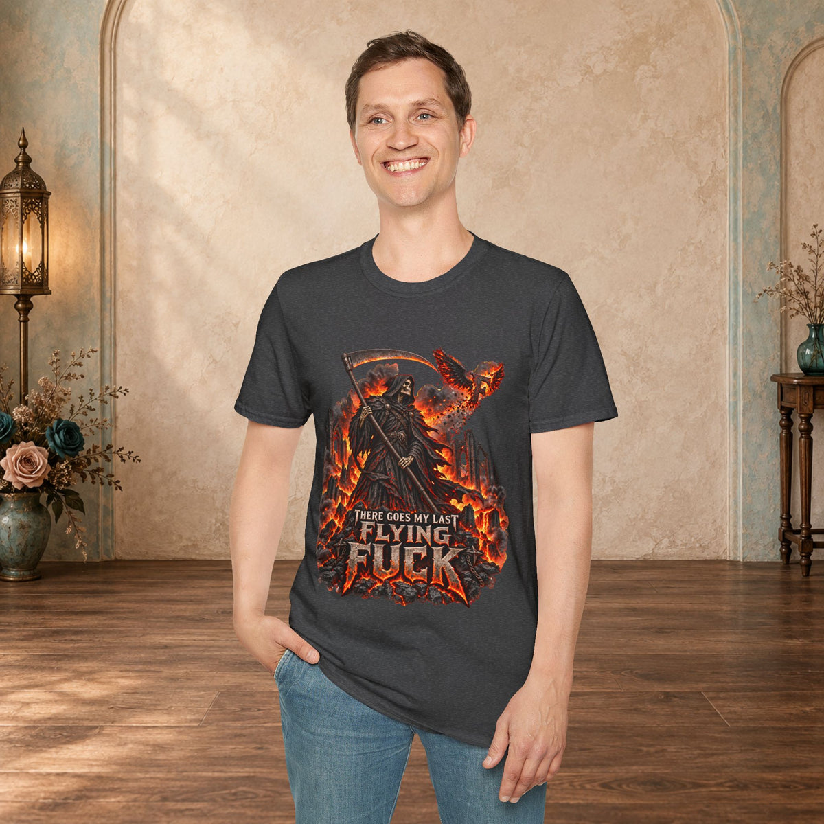 man wearing a Dark Heather There Goes My Last Flying Fuck Grim Reaper graphic T-shirt
