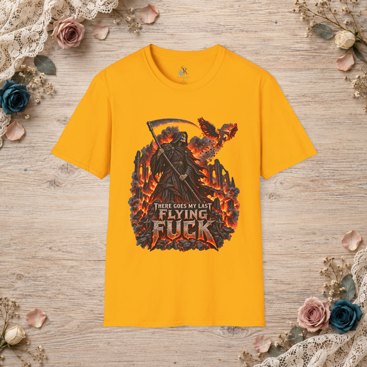 Gold T-shirt with fiery There Goes My Last Flying Fuck Grim Reaper artwork