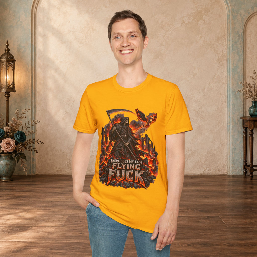 Man wearing a Gold There Goes My Last Flying Fuck Grim Reaper graphic T-shirt