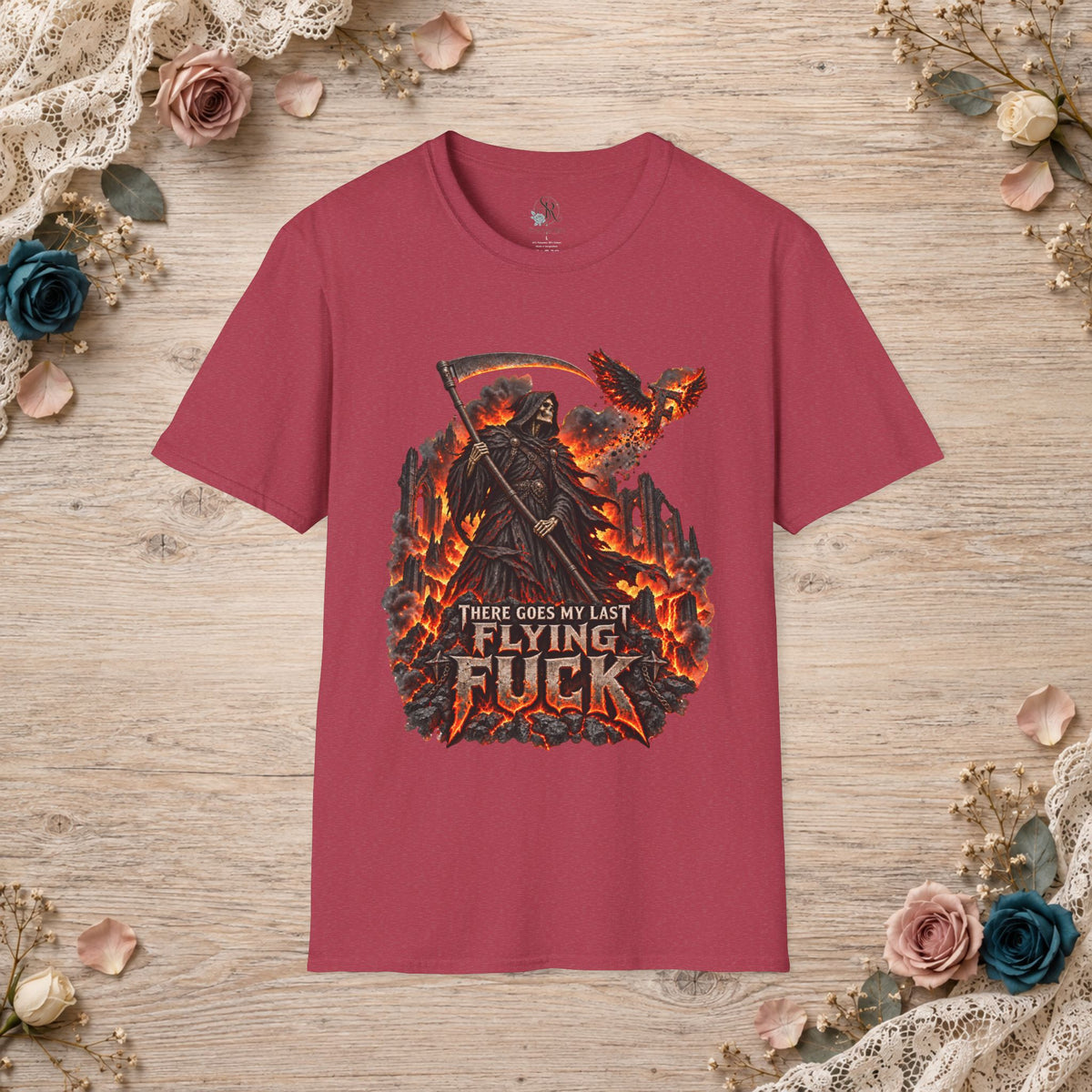 Heather Cardinal T-shirt with fiery There Goes My Last Flying Fuck Grim Reaper artwork