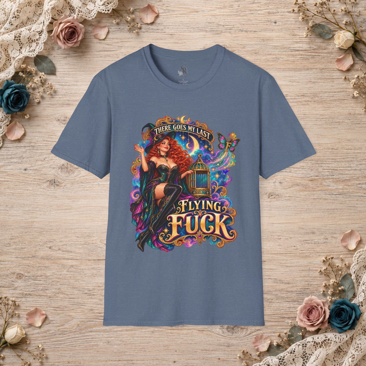 Heather Indigo T-shirt with There Goes My Last Flying Fuck witch artwork