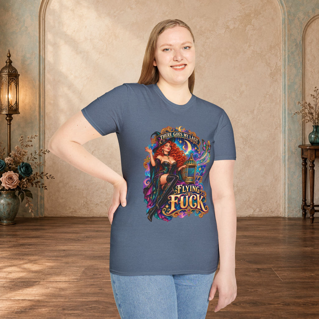 Woman wearing a Heather Indigo There Goes My Last Flying Fuck witch graphic T-shirt
