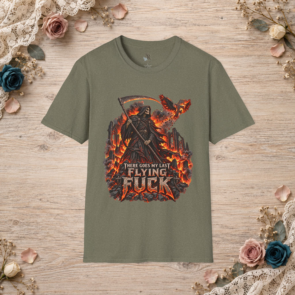 Heather Military Green T-shirt with fiery There Goes My Last Flying Fuck Grim Reaper artwork