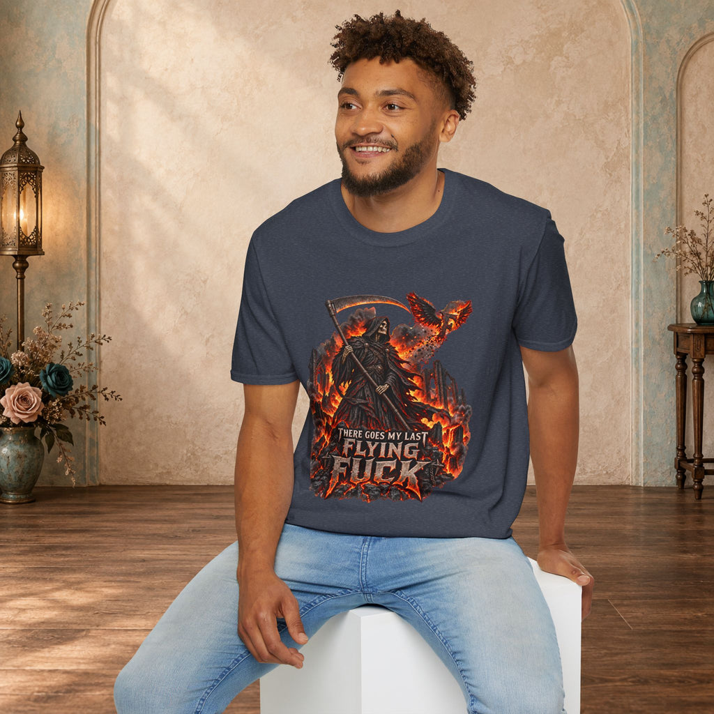 Seated man wearing a Heather Navy There Goes My Last Flying Fuck Grim Reaper graphic T-shirt